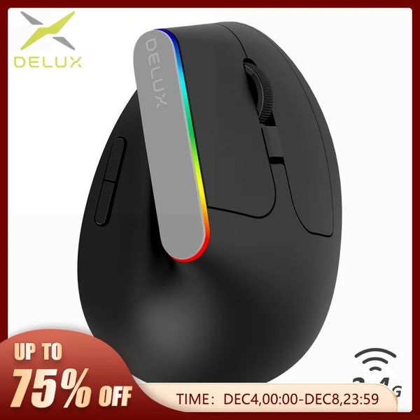 Souris Delux M618C sans fil silencieux ergonomique vertical 6 boutons souris de jeu récepteur USB RGB 1600 DPI souris optique avec pour ordinateur portable PC 231208