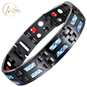 Ratones Doublerow Pulsera de terapia biomagnética ultrarresistente para hombres Brazalete de salud con elementos energéticos 4 en 1 de fibra de carbono de acero inoxidable