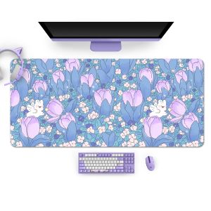 Muizen extra grote kawaii paarse gaming muis kussen schattige tulpen bloemen konijntje xxl bureaumat waterdichte niet -slip laptop bureau accessoires