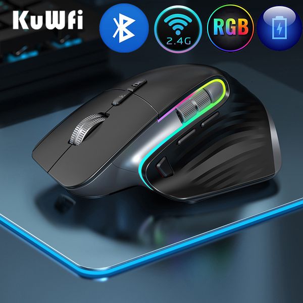 Souris KuWFi souris sans fil rechargeable souris de jeu silencieuse 2.4G Bluetooth Mause ergonomique pour ordinateur portable PC 4000DPI 9 boutons souris RVB 230831