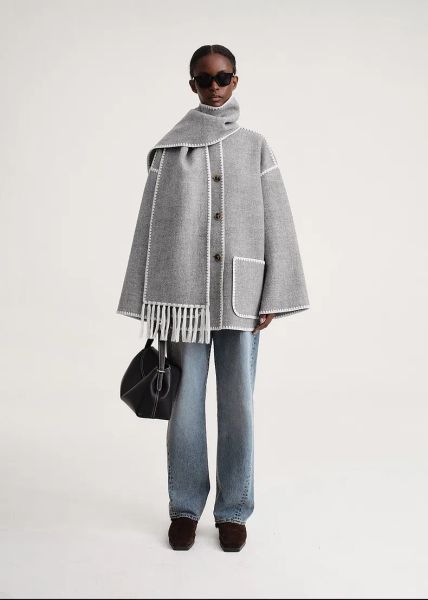 Souris nouvelle couleur Totem * hiver femmes manteau laine Polyester couleur gris clair manches longues simple boutonnage surdimensionné décontracté écharpe col
