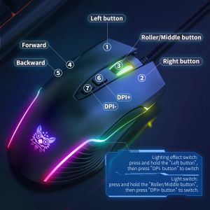 Ratones ONIKUMA RGB Gaming Mouse 7 Botones de Programación 6 Niveles Ajustar 6400 DPI con Iluminación Dinámica Ratones Ergonómicos para Laptop PC Gamer