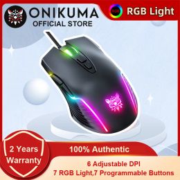 Ratones ONIKUMA Ratón para juegos por cable con luz RGB ajustable 6400 DPI 7 botones programables Ratones de diseño ergonómico para computadora PC