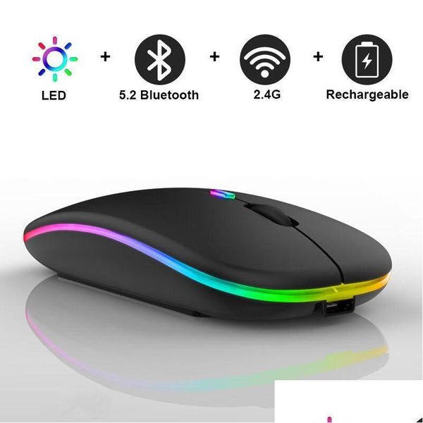 Souris Bluetooth sans fil rechargeable avec récepteur 2.4G 7 couleurs LED rétro-éclairage silencieux USB souris de jeu optique pour ordinateur de bureau tour DH14X