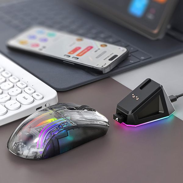 Ratones Recargable Ratón inalámbrico RGB Luz Transparente Shell Bluetooth con 2.4GHz USB Gaming Accesorios para computadora portátil 230927