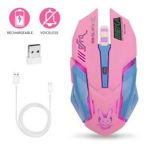 Muizen Oplaadbare Draadloze Muis Stille Muis Roze Lichtgevende DVA Computer Gaming Muis 2400 DPI voor PC Notebook Computers RGB Licht