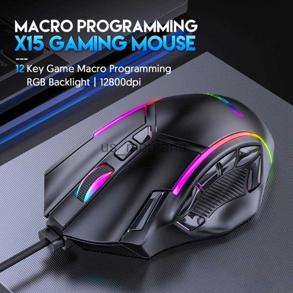 Ratones X15 Peso libre Macro Gaming Mouse 12 Teclas programables Game Mouse RGB Light Max a 6 niveles 12800DPI Para pc mac gun PUBG Laptop J230606