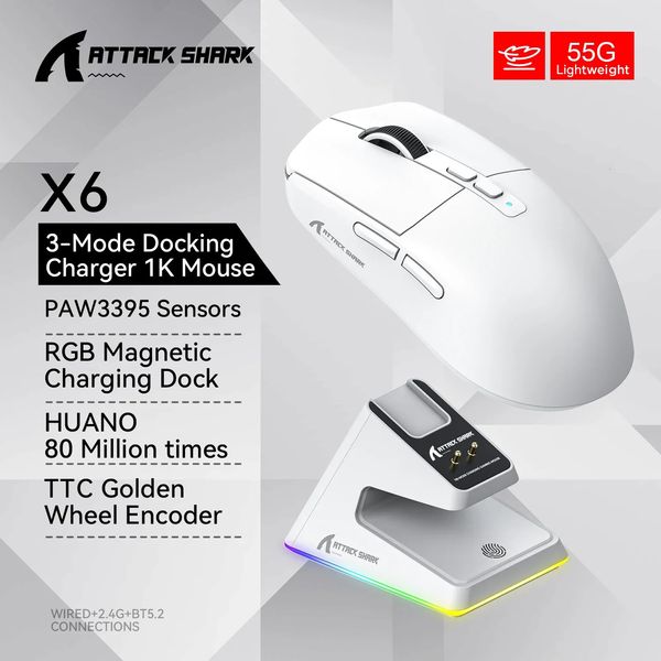 Ratones X6 PAW3395 Bluetooth Mouse Tri Modo Conexión RGB Touch Base de carga magnética Macro Gaming 231117