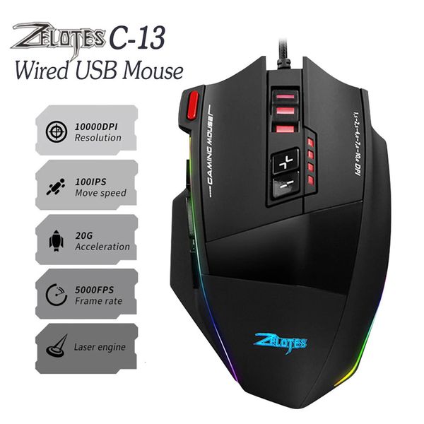 Souris ZELOTES C-13 filaire USB 13 boutons souris 13 boutons programmables 5 niveaux 10000DPI réglable RGB optique souris de jeu ergonomique 231208