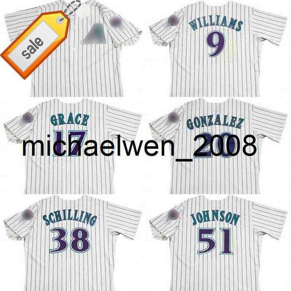 Mich28 9 MATT WILLIAMS 17 MARK GRACE 20 LUIS GONZALEZ 38 CURT SCHILLING 51 RANDY JOHNSON maillot de baseball