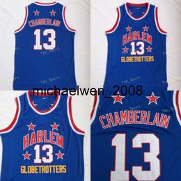 Mich28 Harlem Globetrotters Wilt 13 Chamberlain Movie basketbalshirts Goedkope verkoop Teamkleur Blauw Alle gestikte Chamberlain-uniformen Hoge kwaliteit