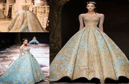 Michael Cinco 2019 Ball Gown Prom Dresses Vintage Gold Lace Sweep Train Evening Jurken Plus Size Illusion Long Sleeve Arabisch feest 8447965