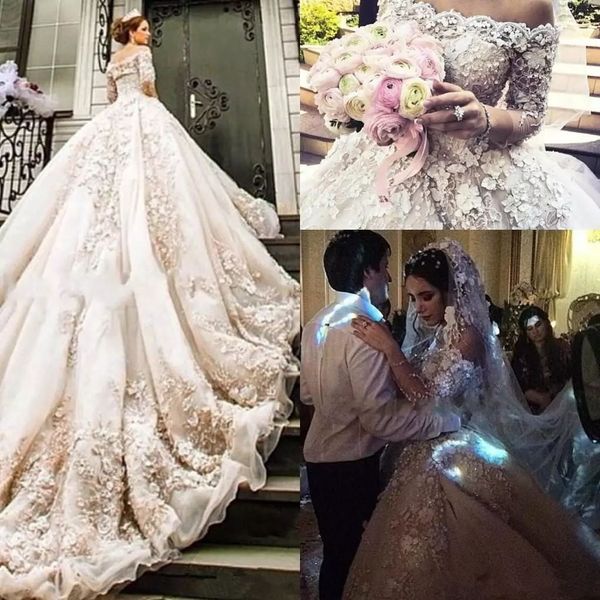 Michael Cinco Castle Church Robes de mariée Une ligne sur l'épaule avec des manches longues modestes 3D Floral Lace Cathedral Train Robes de mariée