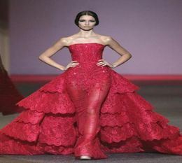 Michael Cinco Red Ball jurk avondjurken kanten appliques vegen trein pure tule jurk met gelaagde ruches strapless formeel wome1051635