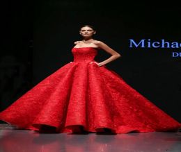 Michael Cinco Red Evening Jurken Lace Appliqued Beads Ruffles Strapless prom jurken feestkleding op maat gemaakte vloer lengteformal dres6623967