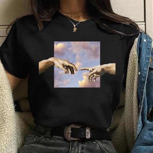 Michelangelo Hands Rose Print T-shirt Dames Zwart vrouwelijke mode esthetische tops 90s dames Harajuku o-neck t-shirts