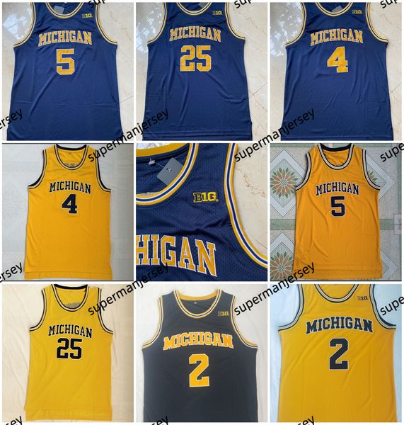 Michigan Wolverines College 2 Poole 5 Jalen Rose Yellow Basketball 4 Chris Jerseys Webber 25 Juwan Howard Vintage Blue Blanc Shirts cousus University Uniforme AA