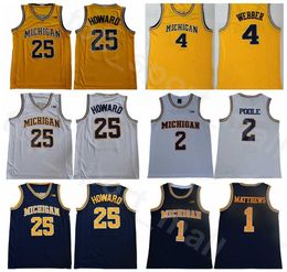 Michigan Wolverines College Basketball JUwan Howard Jersey 25 Jalen Rose 5 Chris Webber 4 Charles Matthews 1 Jorda Poole 2 Navy Blue Yellow