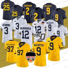 Michigan Wolverines Jersey de fútbol 2 Charles Woodson 12 Mcnamara Tom Brady Sainristil Mccarthy Haskins 97 Aidan Hutchinson 21 Desmond Howard Azul marino Blanco Amarillo