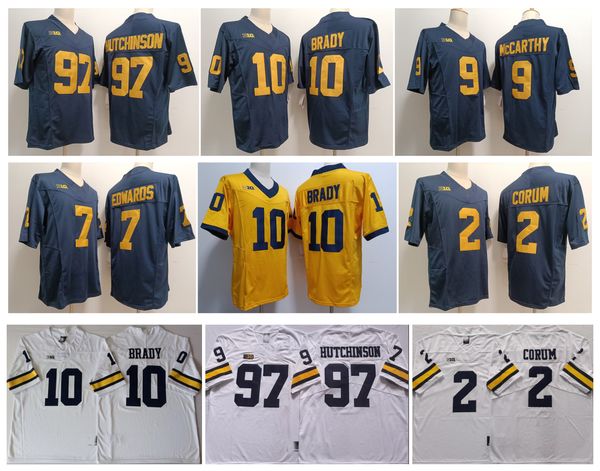 Maillot de football Michigan Wolverines NCAA College 97 Aidan Hutchinson 10 Tom Brady 2 Blake Corum 9 J.j. McCarthy 7 Donovan Edwards Bleu Blanc Jaune Taille S-XXXL