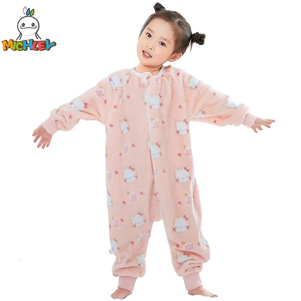 MICHLEY Pink Cat franela bebé niño saco de dormir saco ropa de dormir de invierno lindo mono de dibujos animados saco de dormir pijamas con pies niños niña 240112