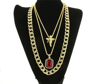 Micro Angel Red Stone Cuban Link Chain 3 collier Set Collier Gold Collier Bijoux Hip Hop Collier pour hommes Women KKA18398430163