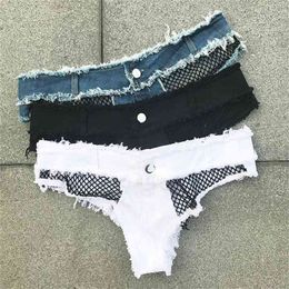 Micro Bikini Mini Short Sexy Club Beach Denim S White Summer Femme Low Taille Thong Jeans voor vrouwen Hollow out 210714