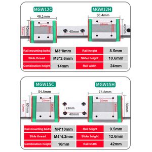 Micro Guide Linear Guide de rail Mini Curseur de blocs d'acier de roulement pour imprimante 3D CNC MGW7C / MGW9C / MGW12C / MGW15C Remplacez Hiwin