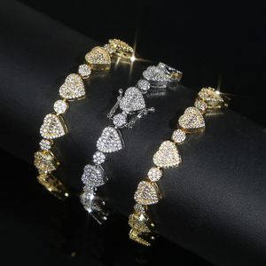 Micro Mini Coeur Amour avec Cercle Rond Charme Lien Chaîne Bracelet Élégant Bracelet Hip Hop Bling Femmes Pavé Plein Zircon Cubique Cadeau De Fête En Gros Bijoux