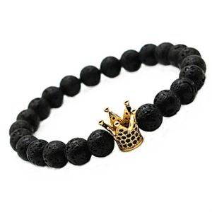 Micro Pave Noir CZ Zircone Plaqué Or Couronne Perles Brins Bracelet Bijoux Terne Polonais Mat Pierre Perle Bracelets Pour Men2506