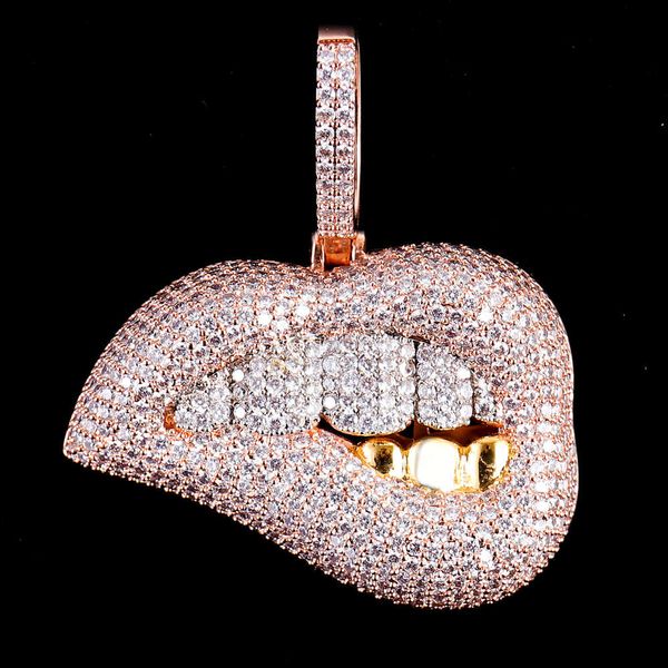 Micro Pave Brass 5a Cubic Zirconia Hip Hop 14k Oro Diamante Boca Personalizado Colgante helado Bling Mujer Chica Joyería Colgante de labios