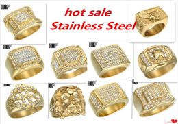 Micro Pave strass glacé Bling anneau Hexagonal IP or rempli titane acier inoxydable anneaux pour hommes Jewelry8719913