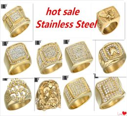 Micro pavé de diamantes de imitación helado, anillo Hexagonal ostentoso, anillos de acero inoxidable de titanio rellenos de oro IP para hombres, joyería 2424488