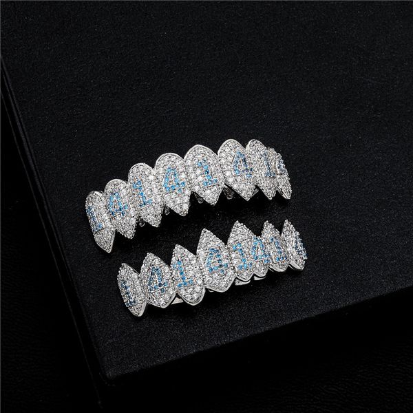 Micro pavé bleu Zircon dents grilles numéro 1414 dents huit dents croc ensemble Halloween Vampire dent personnalité bijoux