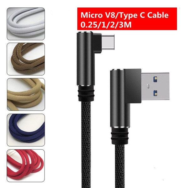 Cables Micro USB, doble codo, cable de datos rápido de 90 grados para Powerbank, portátil, teléfono móvil, cargador tipo C, 0,25/1/2/3m