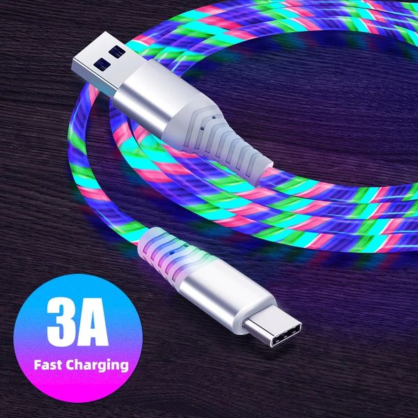 Cable de carga rápida brillante para teléfono tipo C Micro usb para tipo c para Huawei Xiaomi Sumsung Flow Light Led 3A Cable de carga rápida