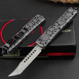 MicRo UT-cuchillos de doble acción AUTO Elmax, hoja de Damasco, mango de aluminio anodizado negro, cuchillo táctico EDC para campamento TECH UT88