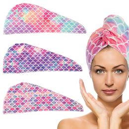 Chapeau de séchage de cheveux en microfibre Super Absorption, bonnet de serviette de soins capillaires enveloppé, bonnets de douche à séchage rapide, chapeaux de bain de salle de bain, motif d'écailles de poisson imprimé pour femmes HW0154