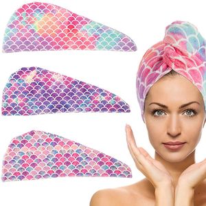 Chapeau de séchage de cheveux en microfibre Super Absorption, bonnet de serviette de soins capillaires enveloppé, bonnets de douche à séchage rapide, chapeaux de bain de salle de bain, motif d'écailles de poisson imprimé pour femmes W0154