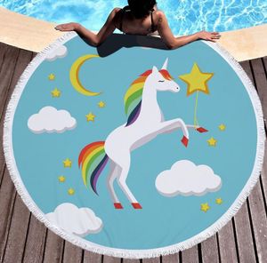 Microfibre Unicorn Round Beach Towel avec Tassel Custom Logo Thermal Transfer Yoga Mat Shawl Tapestry Home Decor Beach Cover Up 150 cm * 150 cm