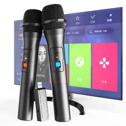 Micrófonos 1 par de kits de sistema de micrófono inalámbrico VHF Receptor USB Micrófono de karaoke de mano Fiesta en casa Altavoz de TV inteligente Micrófono para cantar T220916