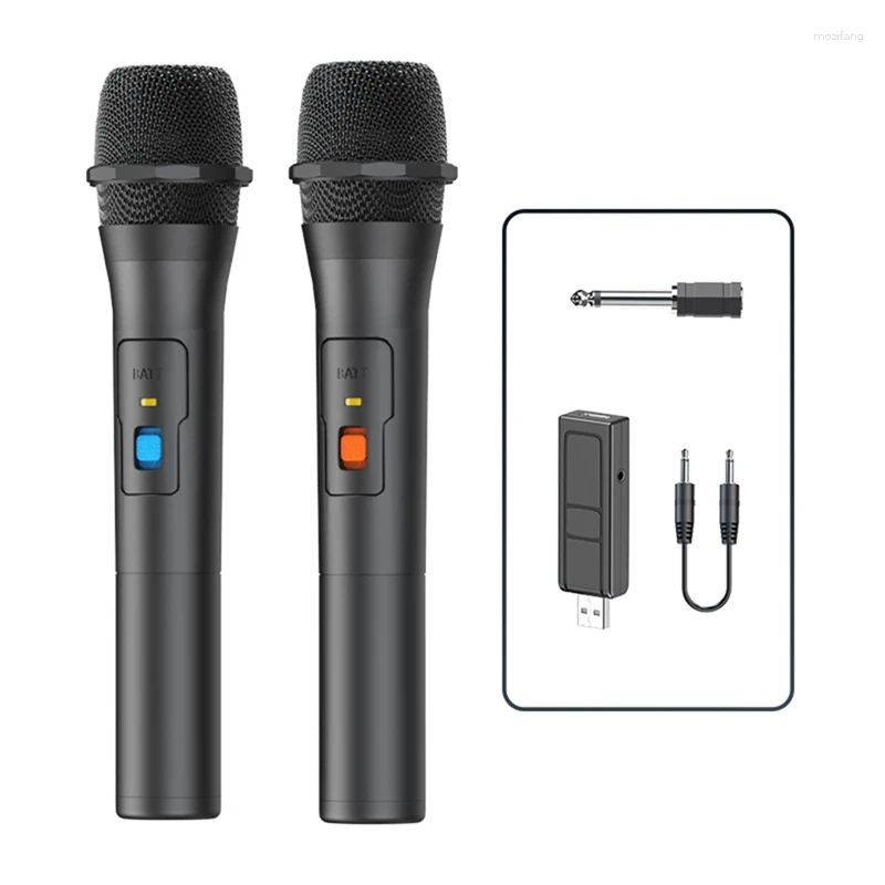 Microfones 2st trådlöst mikrofonsystemssatser USB -mottagare handhållen karaoke hemfest smart TV -högtalare sjunger mic svart