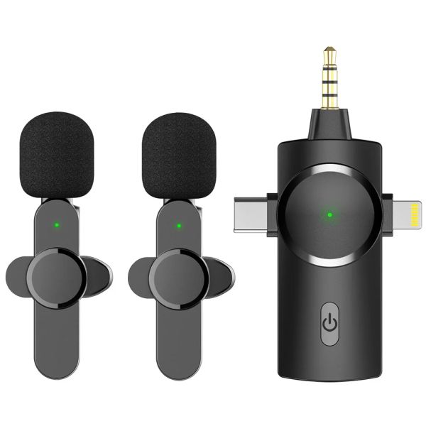 Micrófonos 3 en 1 Micrófono de doble lavalier inalámbrico para iPhone/Android/Camera/portátil Mini micrófono para la entrevista de grabación de video