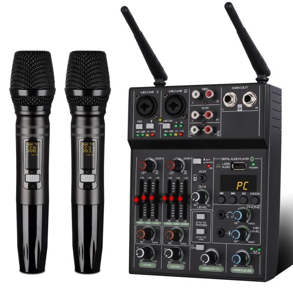 Microphones 4 canaux Mixer audio professionnel UHF Système de microphone sans fil Performance de scène karoke mixeur de son microphone Phantom Power