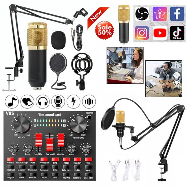 Micrófonos BM800 Kits de micrófono profesional Micrófono condensador con tarjeta de sonido en vivo para computadora Estudio de grabación de audio Transmisión en vivo Karaoke