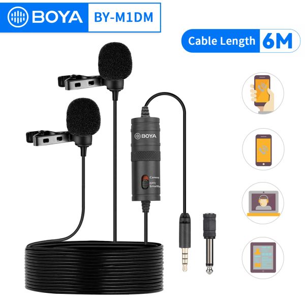 Microphones BOYA BYM1DM 3.5mm double Lavalier micros condensateur Clipon revers micro pour Smartphone caméra ordinateur portable DSLR diffusion en direct Vlog