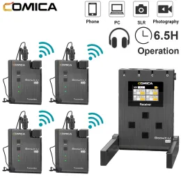 Microfoons Comica Boomxu Qua 4 -kanalen UHF Wireless Lavalier Microphone voor DSLR Camera Telefoon Video -opnamen Interview live streaming