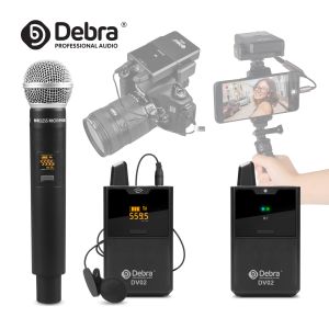 Microfoons Debra DV UHF Wireless Lavalier/Handheld Microfoon met audiomonitor 50m Bereik voor telefoons DSLR Camera's Live opname Interview