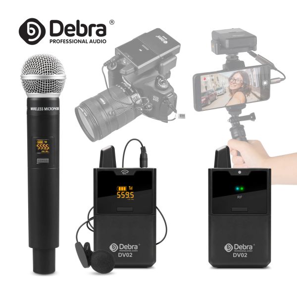 Micrófonos Debra DV UHF Wireless Lavalier/Handheld Micrófono con Audio Monitor Rango de 50 m para teléfonos Cámaras DSLR Entrevista de grabación en vivo