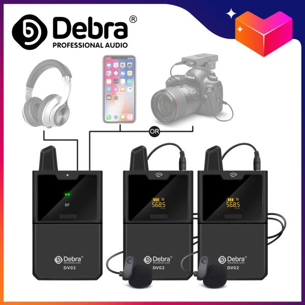 Micrófonos Debra DV01/02 UHF Lavalier Wiralier Micrófono Audio Audio Monitor Range Clipon Micrófono para la cámara DSLR de la cámara DSLR del teléfono